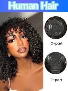 Kinky Curly Human Hair Toppers With Bangs Silk Base 3 Clips Natural Black Curly Human Hair Toppers Invisible Seamless Clourse Topper Hairpieces For Women Daily Wear - Natural Black - View 2