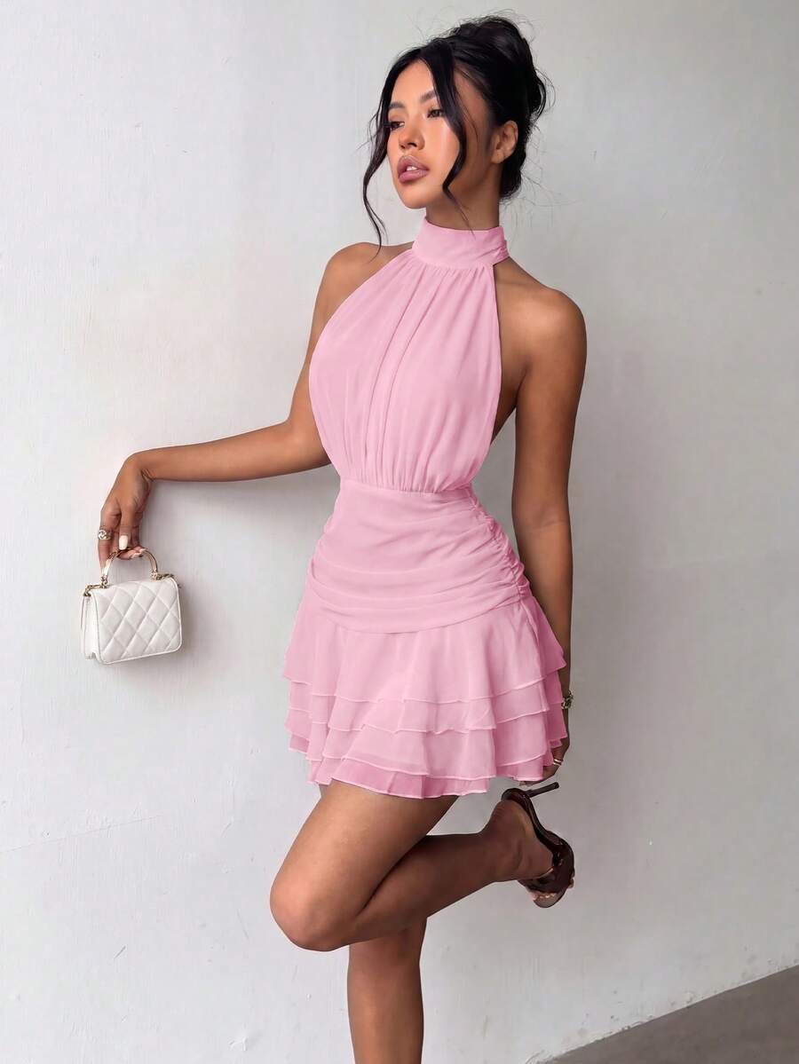 Elegante vestido mini con cuello halter y espalda descubierta con volantes en capas rosa para boda - Rosa - Ver 1