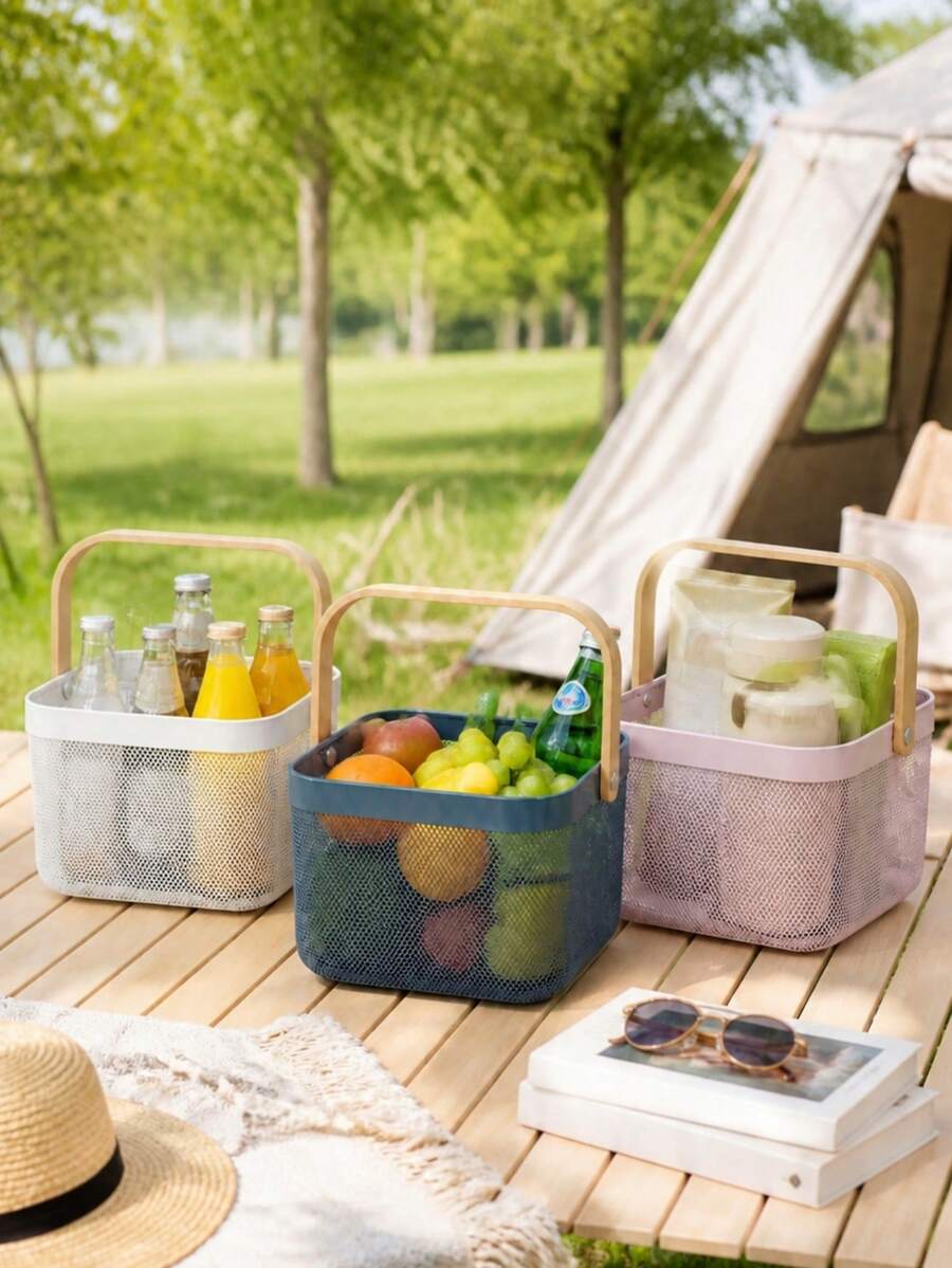 1pc Metal Wire Mesh Storage Basket With Wooden Handle, Stackable Outdoor Picnic Fruit Basket, Portable Camping And Kitchen Storage Basket - Multicolor - View 1