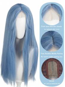 Halloween Blue Long Straight Wig, Synthetic Fiber, Middle Part Lace Front Wig, Cosplay Party, Daily Lolita Fashion Hair Accessory - Multicolor - View 8