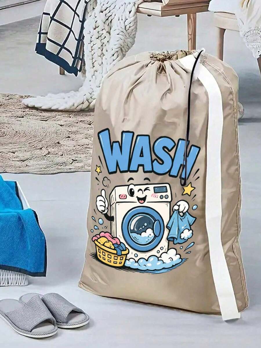特大容量洗衣袋,附肩帶與耐用抽繩,印有字母 WASH 和洗衣機圖案,多用途長方形編織洗衣袋,適合居家與旅行收納,便攜旅行收納袋,耐用抽繩,居家帆布收納袋,適合旅行/宿舍,返校/畢業季必備 - 彩色 - 查看 1