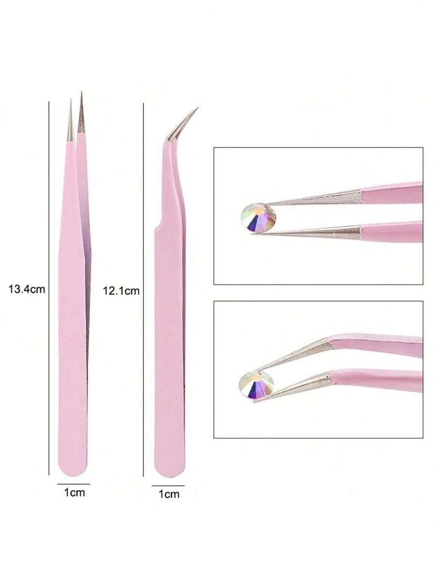 1pc/Set Stainless Steel Pink Tweezers, Suitable For Nail Art, Straight And Curved Tips, Used For Eyelash Extensions, Drawing And Picking, Nail Art Supplies, Nail Art Tools, Nail Art Accessories, Back To School, Nail Art, Nail Art Sticker Tools - Pink - View 1