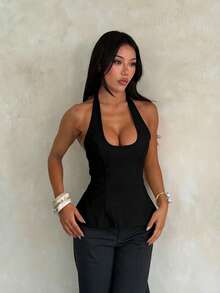 Summer Top, Women's Casual Top, Black Top, Women's Outerwear Top, Elegant Top, Suitable For Street Daily Commute Tank Top, Basic Style, Back To School Season, Autumn - Black - View 4