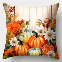 4pcs Watercolor Pumpkin Daisy Bird Welcome Autumn Harvest Print Pillow Covers, American Country Style Polyester Square Single-Sided Printed Zipper Closure Cushion Covers Without Inserts, Living Room Entryway Autumn Home Decor Set - Orange - View 6
