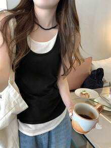 拼接撞色 2合1/解構街頭風女款夏季上衣休閒黑色 - 黑色 - 查看 5