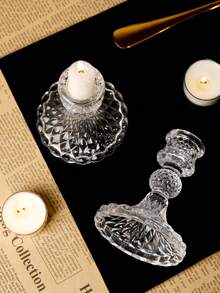 2pcs Transparent Glass Diamond Pattern Candle Holder Base, Home Decor Centerpiece, Suitable For Dining Table, Living Room, Wedding, Gift - Transparent - View 2