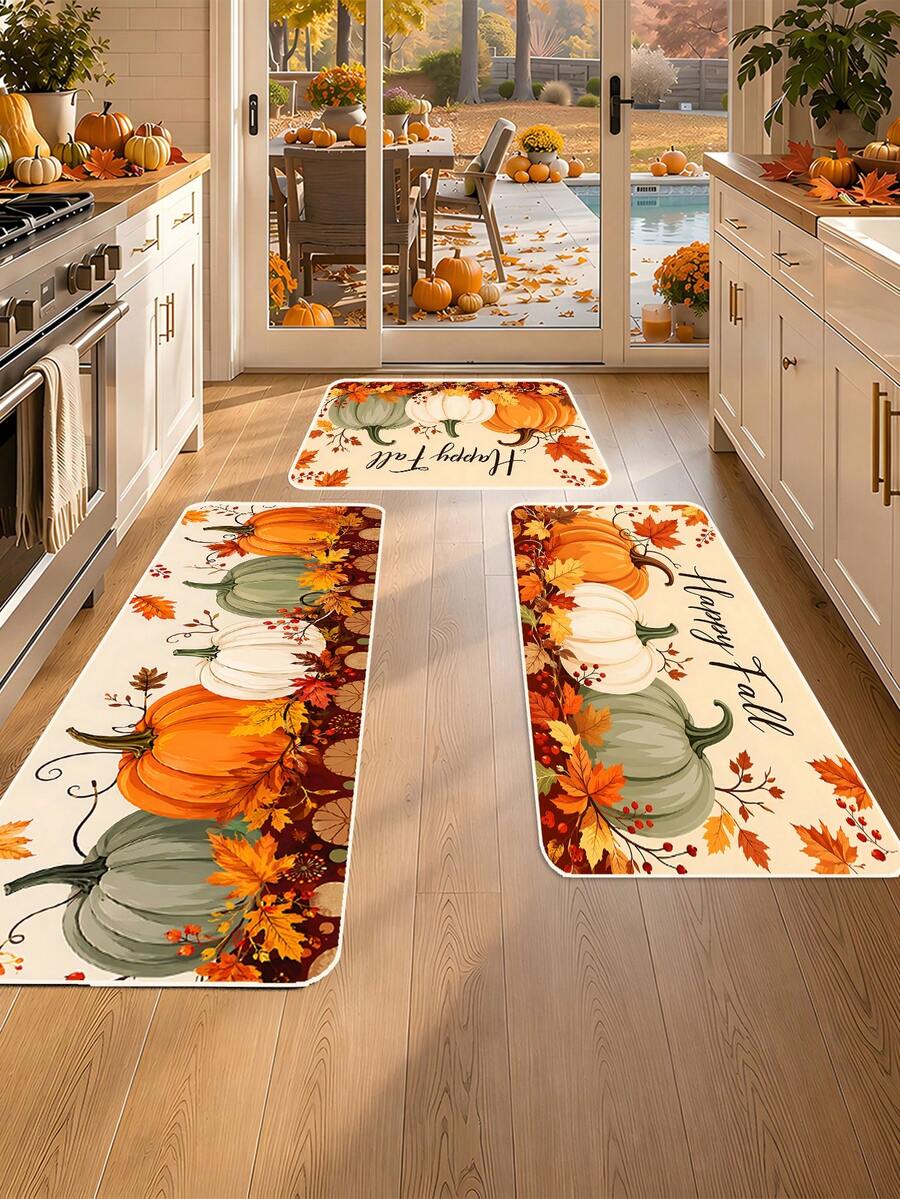1/16Pcs Hello Fall Theme Doormat, Thanksgiving Door Mat, Printed With Pumpkin And Maple Leaf Patterns, Autumn Harvest Festival Decoration Mat, Welcome Kitchen Rug, Dirt-Resistant Floor Mat, Autumn Party Decor - Multicolor - View 1