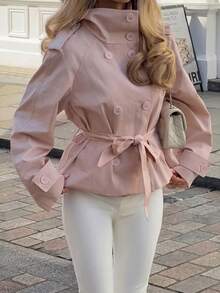 Mantel Trench Midi Lengan Panjang Kerah Tegak dengan Kancing dan Sabuk Warna Pink untuk Musim Gugur/Musim Dingin, Cocok untuk Kencan atau Kantor - Berwarna merah muda - View 3
