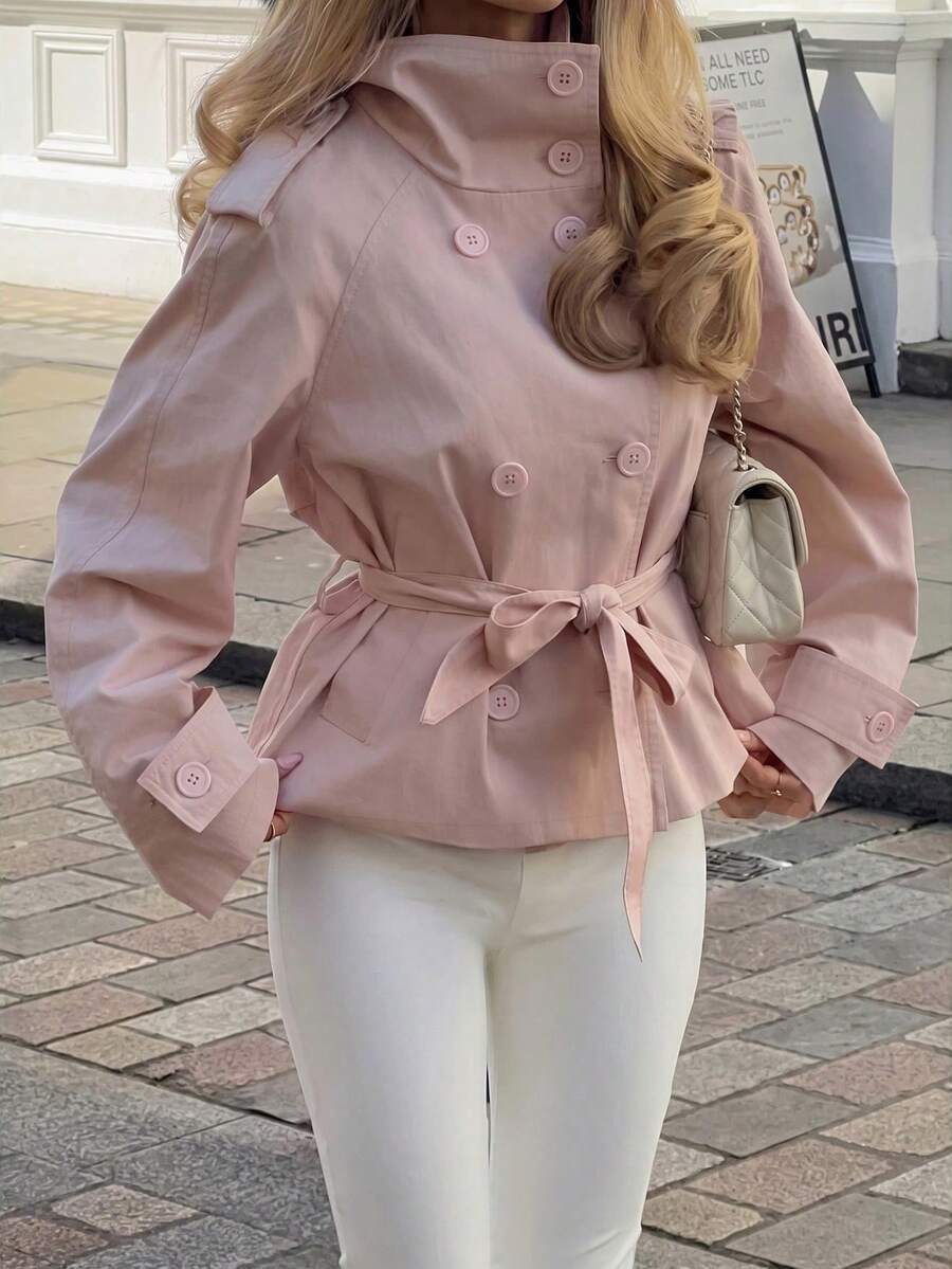 Fall Winter Pink Feminine Belted Button Stand Collar Long Sleeve Midi Trench Coat Date Office - Pink - View 1