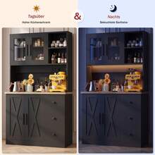 Devoko Kitchen Sideboard With LED Light Strip, Coffee Bar Cabinet With Wide Worktop, 3 Drawers, Glass Doors, Adjustable Shelves And Power Strip With USB/Type-C, White/Black - 查看 10