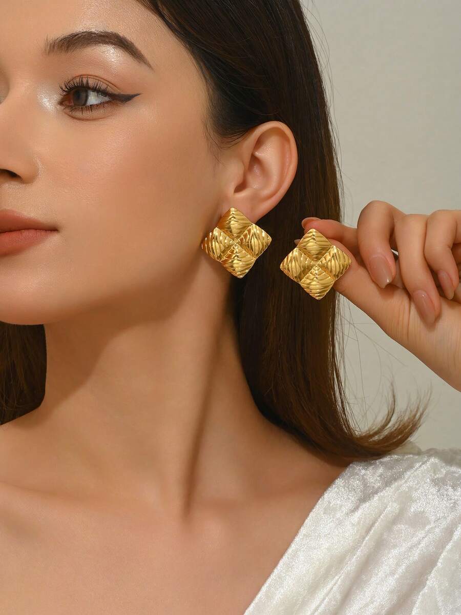 VceTd 1 Pair Fashion Elegant Square Textured Stainless Steel Women's Stud Earrings, Suitable For Daily Wear And Commuting, Jewelry Gift For Friends - Yellow Gold - View 1