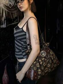 復古辣妹 Y2K 通勤外出日常購物女款單肩托特包 美式復古 Y2K 辣妹斜挎腋下包 小眾設計 INS 風格亞文化極簡托特包 - 巧克力棕 - 查看 3