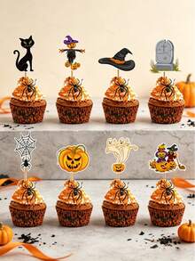 1 Set Halloween Cupcake Decorations, Spider Web, Pumpkin Toppers, Party Decor, Suitable For Holiday Party Decoration, Atmosphere Props - Multicolor - View 1
