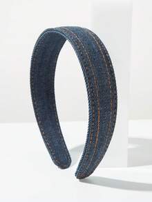 1pc Korean Style Fashion Personalized Sweet Cool Solid Color Denim Fabric Wide Headband Suitable For Women's Daily Shopping And Dating Hair Accessory - FG566 - Navy Blue - View 1