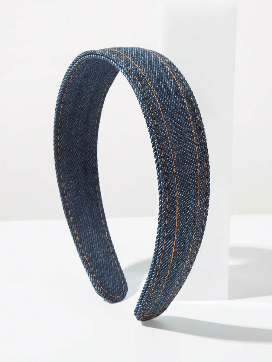 1pc Korean Style Fashion Personalized Sweet Cool Solid Color Denim Fabric Wide Headband Suitable For Women's Daily Shopping And Dating Hair Accessory - FG566 - Navy Blue - View 1