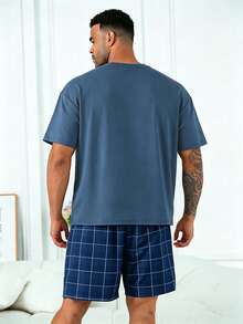 Men's Plus Size Casual Loose Minimalist Wearable Spring Summer Pocket Crew Neck Short Sleeve Plaid Shorts Pajama Set 2-Piece - Navy Blue - View 2