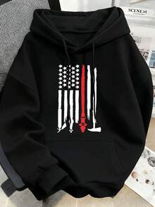 Pull de pompier avec drapeau américain, 100 % coton, coupe confortable, style streetwear et hip-hop, imprimé original - Noir - Voir 2