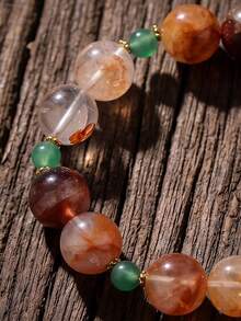 1 Pc Fall Decor Natural Mixed Crystal Stone Beaded Bracelet Red Phantom Quartz Green Aventurine Round Beads Healing Bracelet Fall Style Jewelry Women - Bracelet - View 2