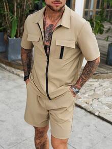 Men's Casual Short Sleeve Shirt And Shorts Set - Khaki - View 7