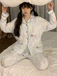 2pcs Women's Pajama Set, Cute Puppy Print Lapel Cardigan Fashion Long Sleeve Pants, Comfortable For Home Wear (Random Print) - Baby Blue - View 8