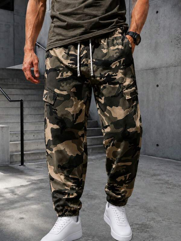 Men's Camouflage Print Tactical Sports Cargo Pants, Elastic Drawstring Waist, Loose Fit, Flap Pockets, Elastic Cuffs, Suitable For Outdoor Casual Streetwear
