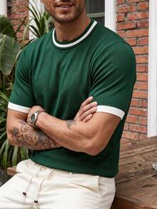 ALTZTAR Men's Round Neck Short Sleeve Solid Color Patchwork Minimalist Casual Knit Top - Green - View 4