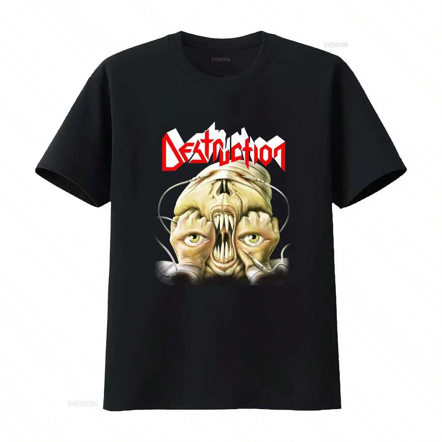 Soft-Washed Retro Graphic T-Shirt With "Destruction Release From Agony" Lettering, Relaxed Short Sleeves. Perfect For Streetwear And Casual Outfits. - 黑色 - 查看 1