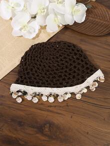 1PC Women Hollow Out Crochet Head Wrap With Seashell Metal Disc Knit Mesh Hair Turban,Bohemian Everyday Vacation Hair Hat For Travel Photoshoot Wear - Multicolor - View 14
