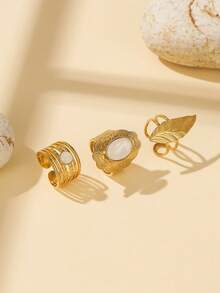 3pcs Stainless Steel Vintage Carved Gold Open Ring Set, Leaf Oval Shell Inlaid Vintage Stackable Adjustable Rings, Women's Daily Party Accessories - Yellow Gold - View 3