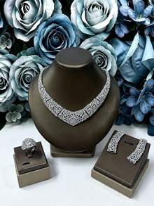 4pcs Fashion Middle East Saudi Copper Cubic Zirconia White Necklace, Earrings, Bracelet, Ring 4-Piece Jewelry Set. Luxury Necklace Set Jewelry. Suitable For Evening Party, Valentine's Day Gift - White - View 2