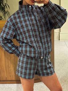 Women's Plaid 2 Pieces Casual Set, High Neck Long Sleeve Jacket With Elastic Waist Shorts (YY1539) Elegant Fall - Brown - View 9
