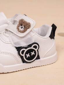 Cute Plush Bear Hook & Loop Baby Walking Shoes, Soft Sole Anti-Slip Closed Toe White Sneakers, Breathable Lightweight Functional Board Shoes For Toddlers, Spring/Autumn, Unisex - Black - View 9