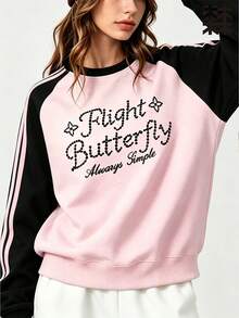 mulinsen Women Colorblock Athletic Sweatshirt+3 Striped Sleeves Rhinestone Letter Crewneck Loose Fit+Street Casual Workout Daily Wear - Baby Pink - View 3