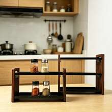 Double-Layer Solid Wood Kitchen Spice Rack, Multi-Functional Countertop Seasoning Storage Organizer, Wooden Frame With Metal Shelves Design, Sturdy And Stable, Can Hold Spice Bottles, Oil, Salt, Vinegar, Jars, Spices, Sauces And Other Kitchen Supplies. Effectively Utilizes Vertical Countertop Space, Say Goodbye To Cluttered Kitchen Countertops, Saves Kitchen Storage Space. Simple Structure, Easy Installation, Solid Craftsmanship, Available In Two Sizes, Also Suitable For Bathroom, Desk Storage Of Small Items, Practical Multi-Functional Storage Rack For Home. - Multicolor - View 3