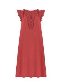 Women's Plus Size Country Western Hippie Bohemian Patchwork Floral V-Neck Button Short Sleeve Flowy Maxi Dress Elegant Red - Red - View 5