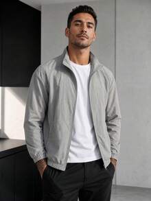 1pc Men's Jacket, Grey Mesh Splice Stand Collar Zipper Jacket, Woven Fabric Loose Silhouette Comfortable Non-Pilling, Casual Sporty Style, Suitable For Commuting, Summer Outdoor Activities - Grey - View 4