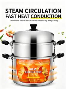 2/3 Tier Stainless Steel Steamer Pot With Lid, Multi-Function Soup Pot For Steaming And Boiling, Home Kitchen Steamer For Fish, Meat, Vegetables, Dumplings, Compatible With Induction And Gas Stoves - View 5