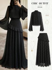 Women's Spring/Autumn Black Polka Dot Stand Collar Bell Sleeve Chiffon Blouse + Ruffle Hem Long Skirt 2-Piece Set, Elegant Date & Commute Outfit - Black - View 1