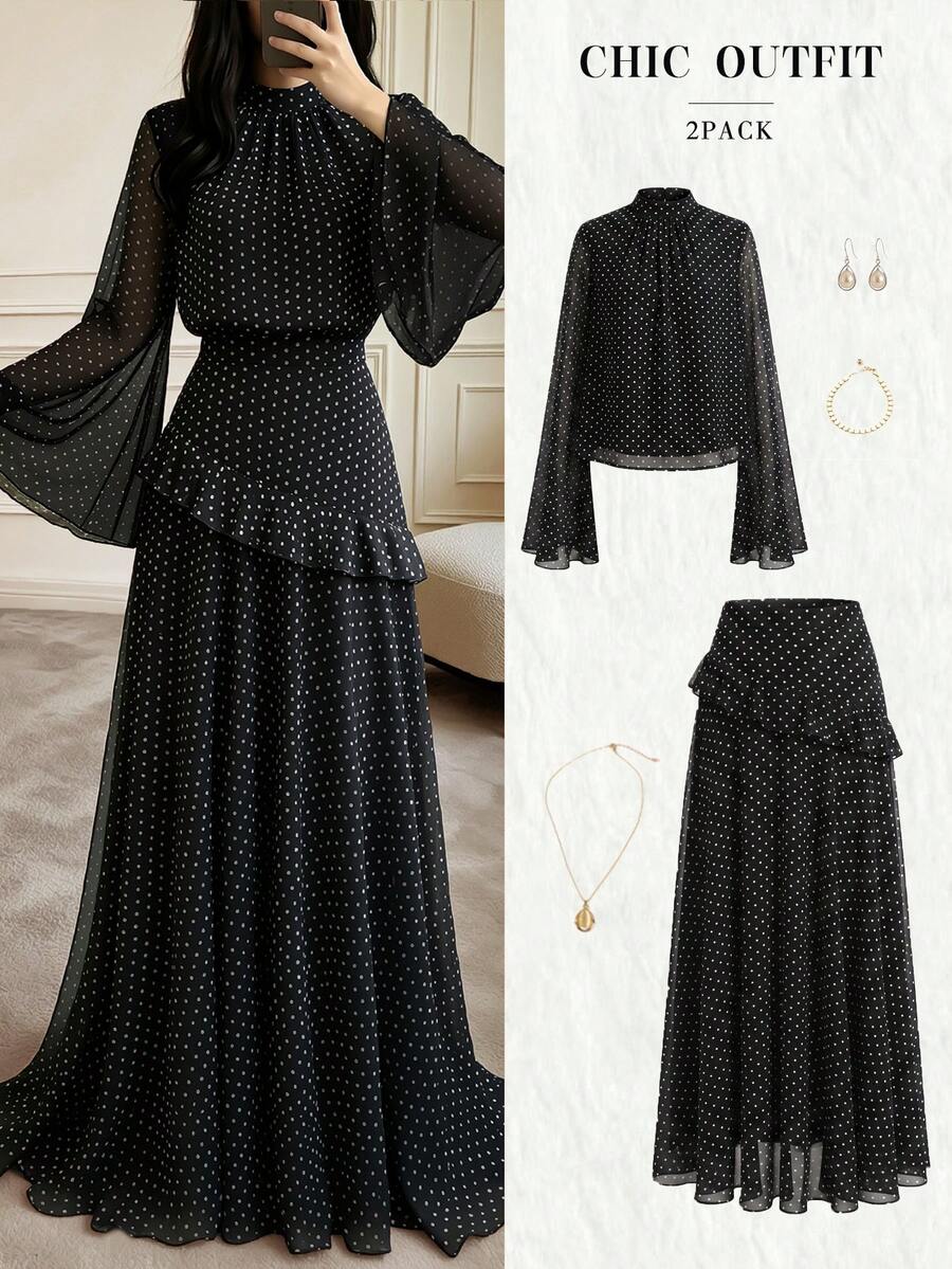 Women's Spring/Autumn Black Polka Dot Stand Collar Bell Sleeve Chiffon Blouse + Ruffle Hem Long Skirt 2-Piece Set, Elegant Date & Commute Outfit - Black - View 1