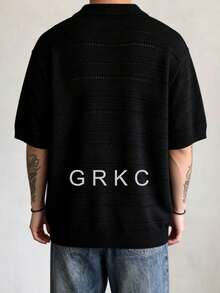 GRKC 男士針織 Polo 衫，翻領短袖修身剪裁，極簡風針織上衣，春夏內搭層 - 黑色 - 查看 5