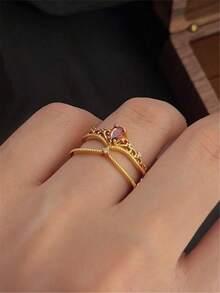 2pcs Women's Wedding Rings, Hong Kong Style Vintage Burgundy Elegant Alloy Cubic Zirconia Rings, Suitable For Daily Wear, Party, Date, Gift, Mother's Day - Red - View 3