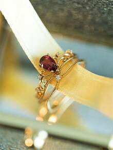 2pcs Women's Wedding Rings, Hong Kong Style Vintage Burgundy Elegant Alloy Cubic Zirconia Rings, Suitable For Daily Wear, Party, Date, Gift, Mother's Day - Red - View 5