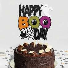 1pc Glitter Happy Boo Day Cake Topper, Halloween Ghost And Spider Web Dessert Decoration, Shiny Spooky Party Supplies, Suitable For Holiday Celebrations - Big Eyes BooDay - View 3