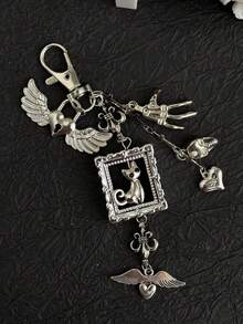Gothic Cross, Heart-Shaped Wings, Keychain, Multi-Element Key Ring, Vintage Cat, Personalized Bag Pendant, Accessory - Silver - View 4