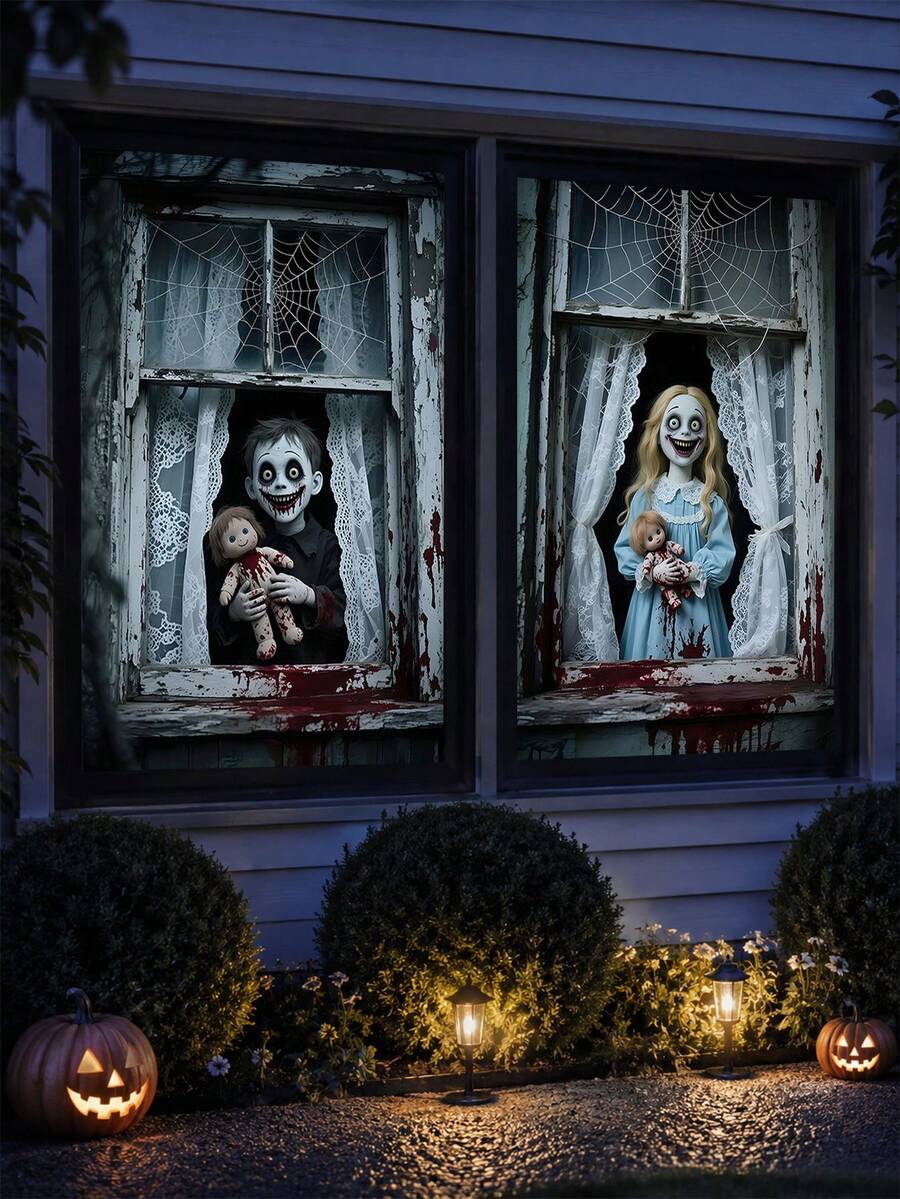 1 Set Bloody Horror Doll Halloween Window Cover, Thriller Style Polyester Rectangular Curtain Fabric With Eerie Boy & Girl, Old Window And Bloodstain Prints, Suitable For Halloween Photo Props, Haunted House, Indoor/Outdoor Decoration, Yard Party And Door/Window Decor - E - View 1