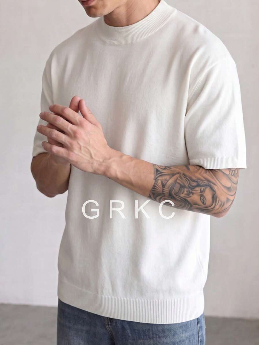 GRKC 男士短袖針織上衣 半高領 寬鬆直筒版型 針織T恤 春夏款 - 白色 - 查看 1