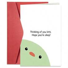 1PC Cute Minimalist "Thinking Of You Lots Hope You're Okay" Greeting Card, Peeking Green Cute Face Design, Sweet Get Well Encouragement Gift Card - Multicolor - View 7