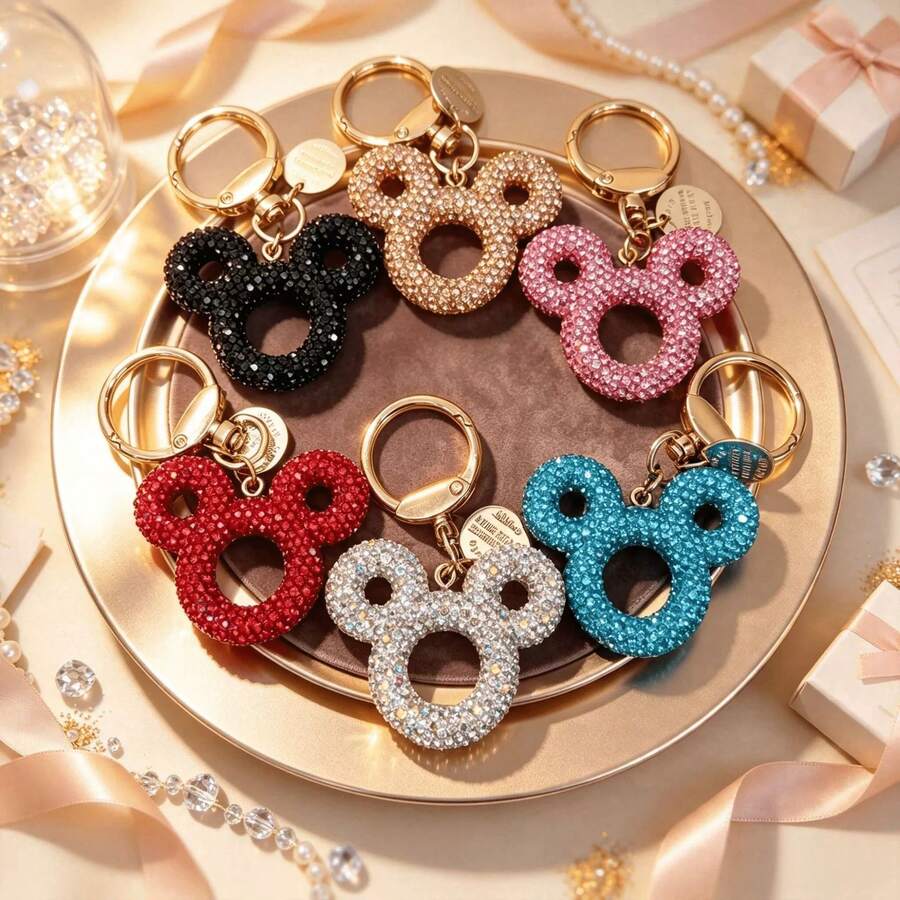 Disney 1pc Sparkly Rhinestone Mouse Head Keychain, Bling Crystal Bag Charm Key Ring Gift - P - View 1