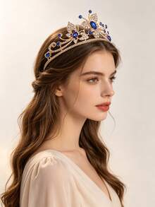 1pc European And American Style Fashion Exquisite Alloy Crown, Suitable For Women's Wedding Party Hair Accessory, Princess Birthday Party Gift, Performance Costume Accessory, Crown For Makeup Ball And Women's Dress Up - Royal Blue - View 10