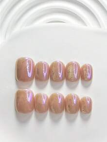 10片裝極光貓眼手工穿戴甲，Poly Gel美甲套組，貓眼粉色指甲油，透明發光溫柔風，含美甲工具，3種尺寸可選，方型/短方型/杏仁形，適合派對、跳舞、日常配戴 - 彩色 - 查看 12
